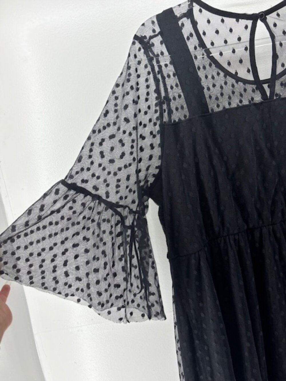 Lane Bryant 18 Black Polka Dot Mesh Midi Dress 3/4 Bell Sleeve Elastic Waist - Picture 4 of 8